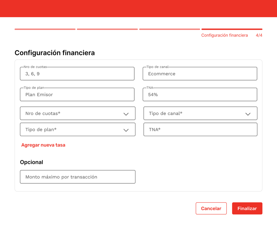 Configuración financiera: cuotas, tipo de canal, tipo de plan y tasa